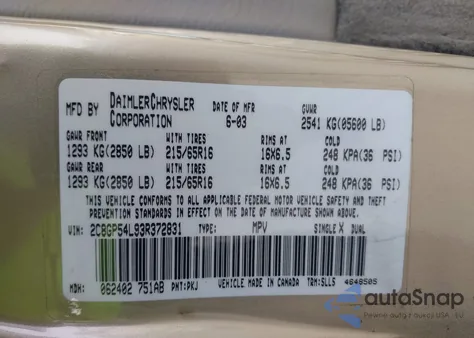 2003 Chrysler Town & Country Lxi из США, поврежденный, VIN 2C8GP54L93R372831